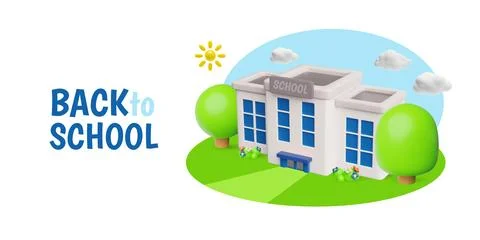 3D School Building Banner Among Green Trees and Sun, with Back to School Ilustración de archivo