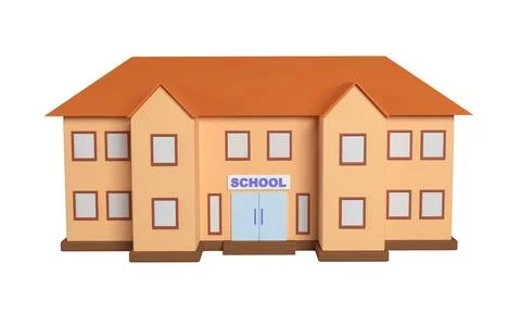 3d school building on white background. Cartoon drawing of school facade Ilustración de archivo