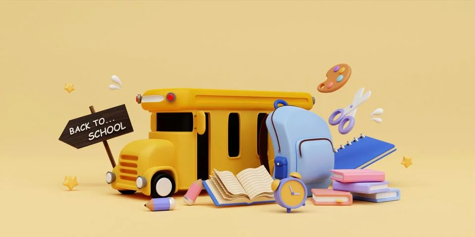 3d School bus with school accessories on yellow background. back to school Stock Illustration