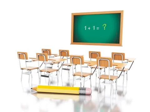 3d School chairs, chalkboard with math problems and pencil. Stock Illustration