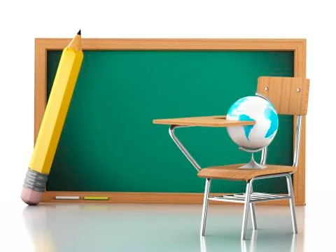 3D School desk, globe and blackboard Stock Illustration