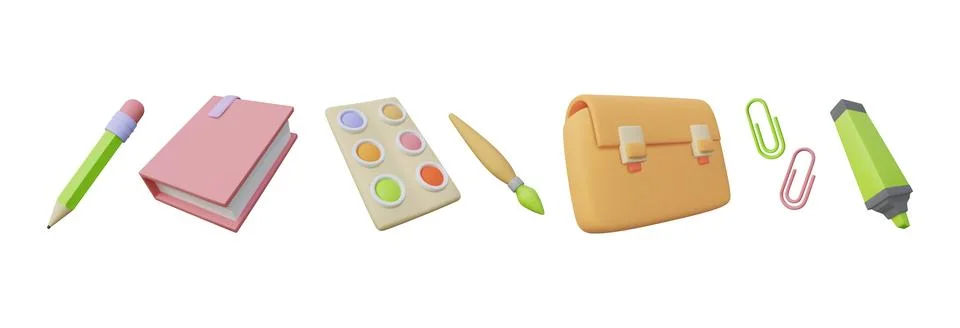 3d school elements. Back to study art brush, education book for paint class Stock Illustration