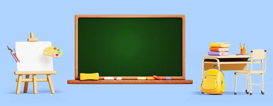 3d school interior set, classroom furniture with blackboard, student desk, chair Illustrazione stock
