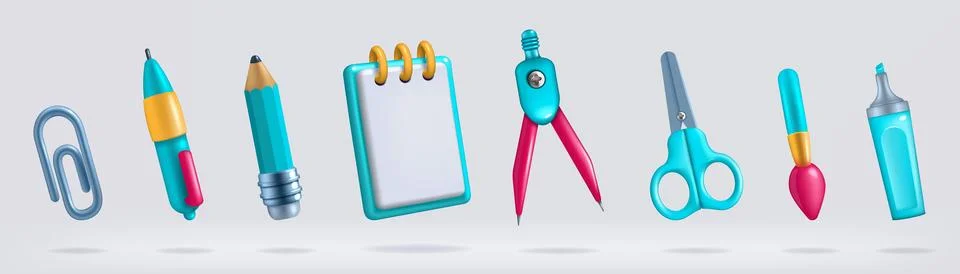 3D school pencils. Study or education elements. Stationery tools. Pen and Stock Illustration