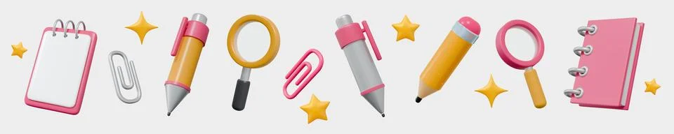 3D school supply. Studying tools. Pencil and pen. Read book. Paper notepad Иллюстрация