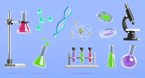 3d science laboratory equipment set. Microscope, lab glassware with color liquid 스톡 일러스트