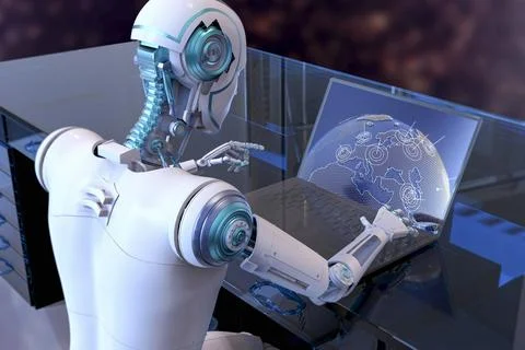 A 3D scientific illustration featuring a humanoid robot engaged in studying.. Stock Illustration