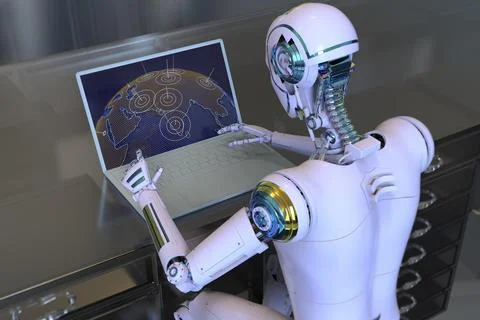 A 3D scientific illustration featuring a humanoid robot engaged in studying.. Stock Illustration