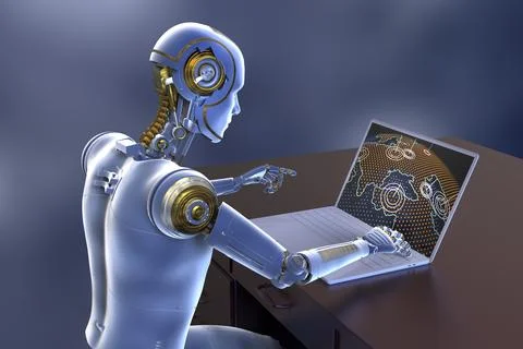 A 3D scientific illustration featuring a humanoid robot engaged in studying.. Ilustración de archivo