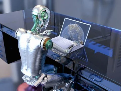 A 3D scientific illustration featuring a humanoid robot engaged in studying.. Stock Illustration
