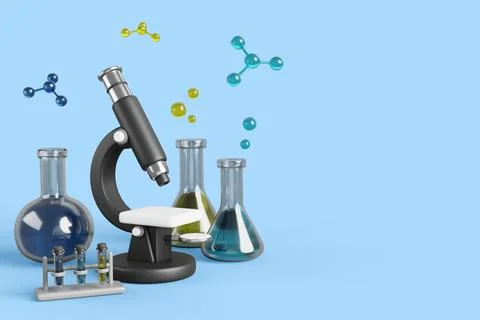 3d scientific research banner with microscope, glass flasks and beakers on blue 스톡 일러스트