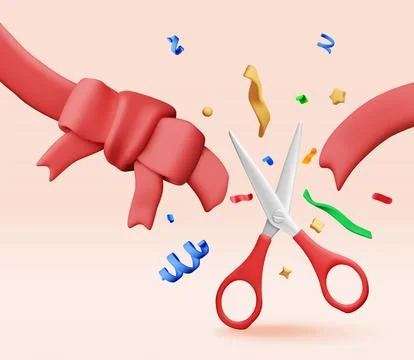 3D scissors cut red ribbon with bow in confetti Stock Illustration