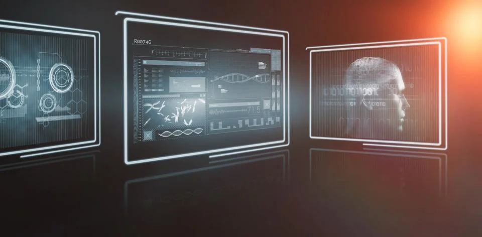 3d screens with blue interface Fotos Stock