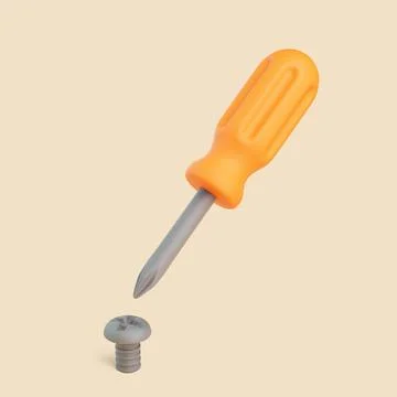 3D screwdriver above screw on beige background, minimal repair tool concept Stock Illustration