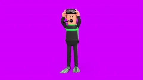 3D Scuba Diver With Suit, Putting On Goggles, Oxygen Hose Vídeo Stock 266971982