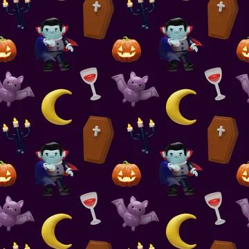 3D seamless Halloween pattern with cute vampire Stock Illustration