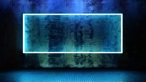 3D Seamless Loop of Glowing Blue Neon Border over Grunge Metal Wall in Rain Stock Footage 334847358