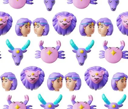 3D seamless pattern with cartoon zodiac signs: Gemini, Cancer, Leo, Capricorn Illustrazione stock