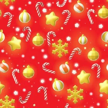 3d seamless pattern with glowing golden toys, lollipops, snowflakes and stars on Stock Illustration