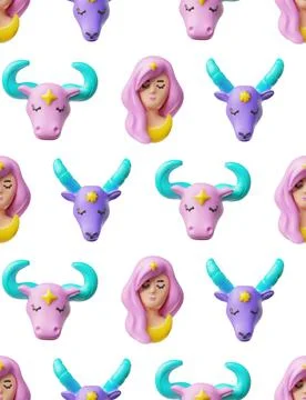3D seamless pattern with zodiac signs: Taurus, Virgo, and Capricorn, in pink. Stock Illustration