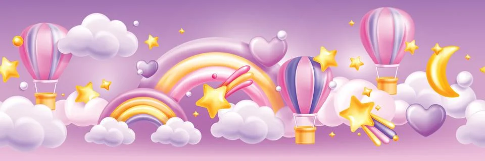 3D seamless sky border, vector kids clouds rainbow frame, baby fantasy Ilustración de archivo