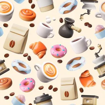 3D seamless wallpaper with coffee beans, mug, pastries, Turk, paper bag. Illustrazione stock