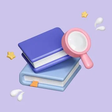 3d search knowledge icon. Magnifying glass with stack of book, isolated on Stock Illustration