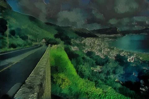 3d seaside mountain road Stock Illustration