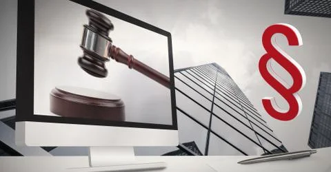 3D Section symbol icon and justice gavel on computer screen Stock Illustration