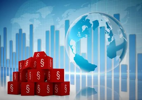 3D Section Symbol icons with world map and bar charts Stock Illustration