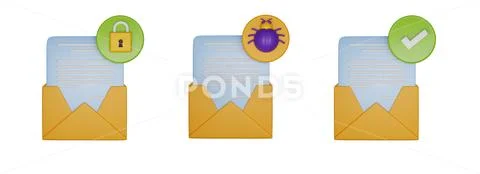 3D secure email icon set, render phishing detected concept, envelope ...