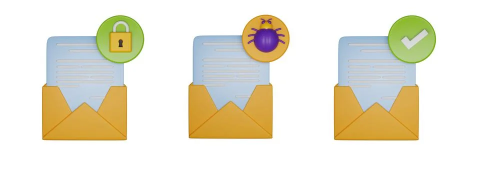 3D secure email icon set, render phishing detected concept, envelope online Stock-Illustration