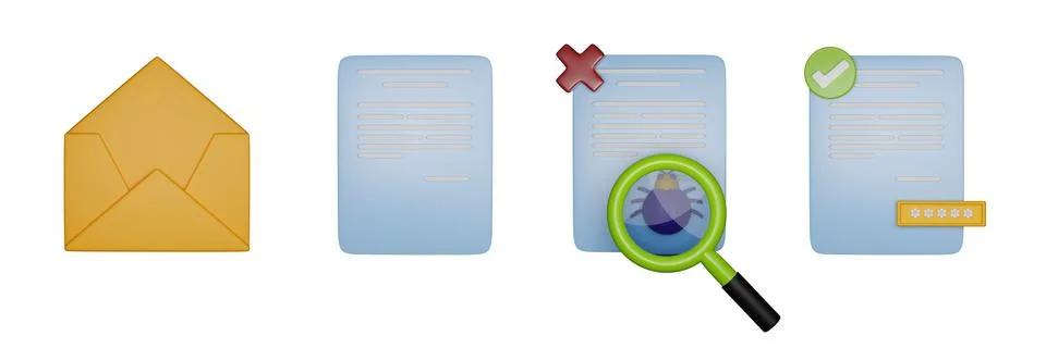 3D secure email icon set, phishing detected render concept, envelope Stock-Illustration