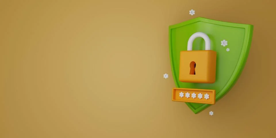 3D secure shield banner, lock render cybersecurity concept, personal cloud Stockillustratie