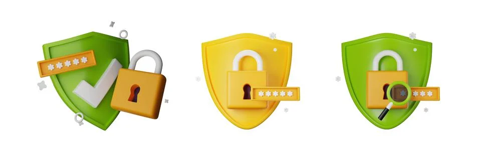 3D secure shield icon set, authentication lock password render kit Stock Illustration