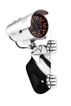 3d security agent with camera head peeping over blank wall Stock Illustration