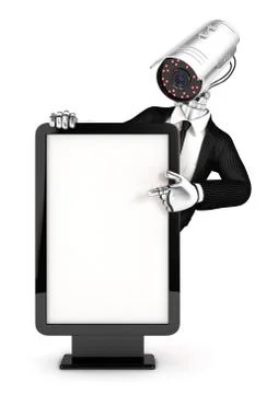 3d security agent with camera head pointing to blank billboard 스톡 일러스트