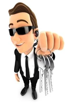 3d security agent holding a bunch of keys Illustrazione stock