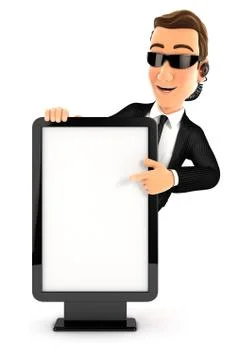 3d security agent pointing to blank billboard Illustrazione stock
