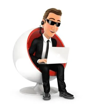 3d security agent sitting in round chair and using laptop Stock Illustration