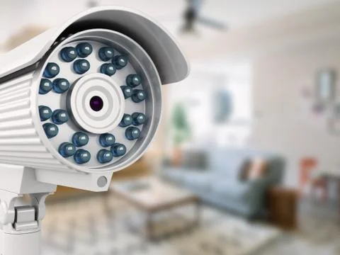 3d security camera with blurred room Illustrazione stock