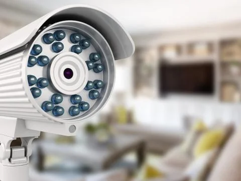 3d security camera with blurred room Illustrazione stock