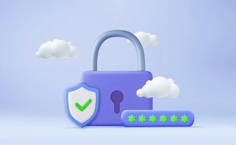 3d security shield lock check mark and cloud 스톡 일러스트