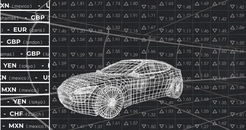 3D sedan appearing as currency codes updating, trend line animating showing live Stock Footage 314790208