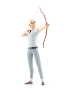 3d senior man aiming with bow and arrow Illustrazione stock