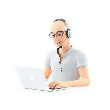 3d senior man with headset working on laptop Stock Illustration