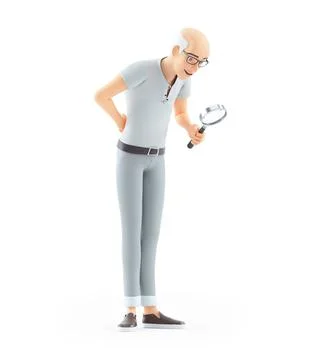 3d senior man looking through magnifying glass Stock Illustration
