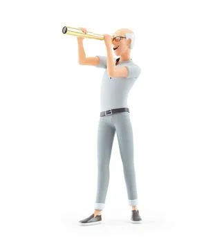 3d senior man looking through telescope Stock Illustration
