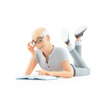 3d senior man reading book lying down on floor Stock Illustration