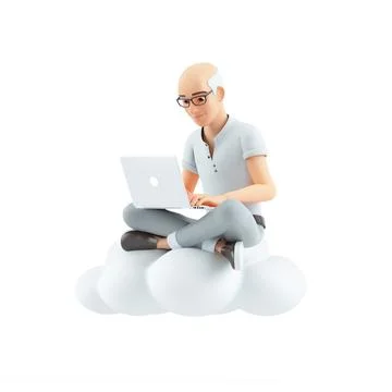 3d senior man sitting on cloud and using laptop Stockillustratie